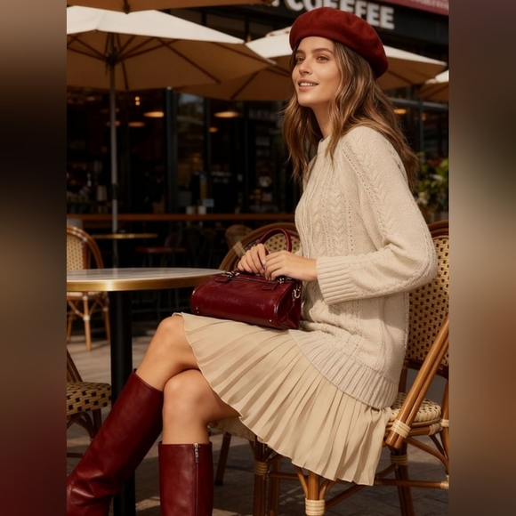 Chic Long Sleeve Cable Knit Mini Sweater Dress With A Sheer Flowy Pleated Bottom - Picture 3 of 16